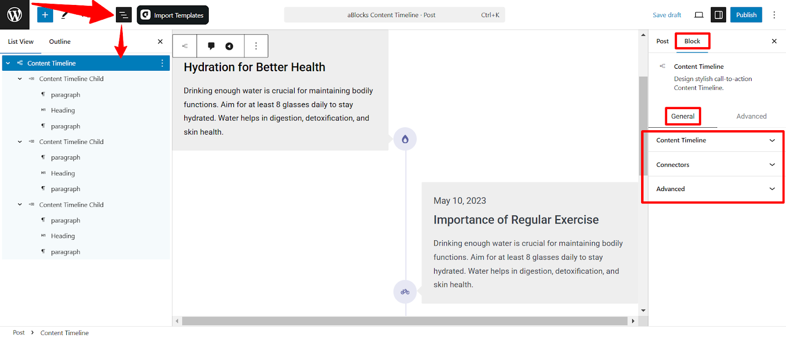 Customize aBlocks Content Timeline Block