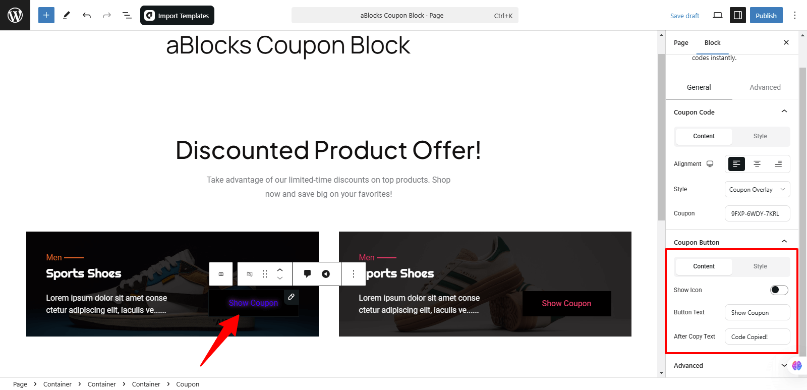 Customize the coupon Button sections
