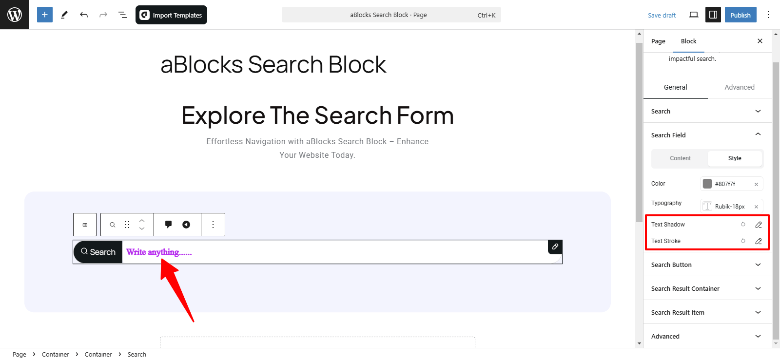Customize the Text Shadow and text Stroke options