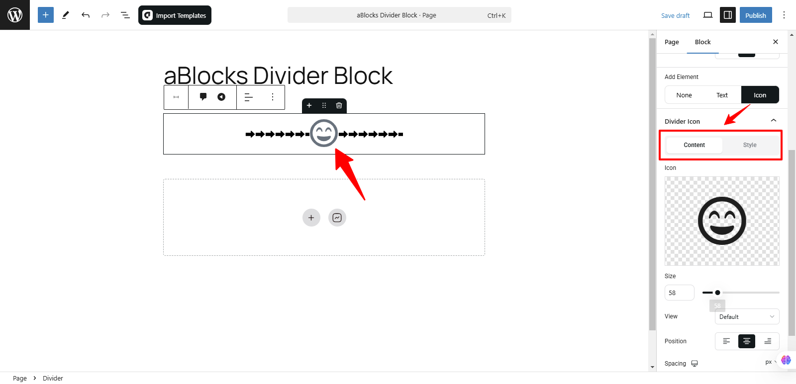 Adjust the content and style settings in the Icon section.