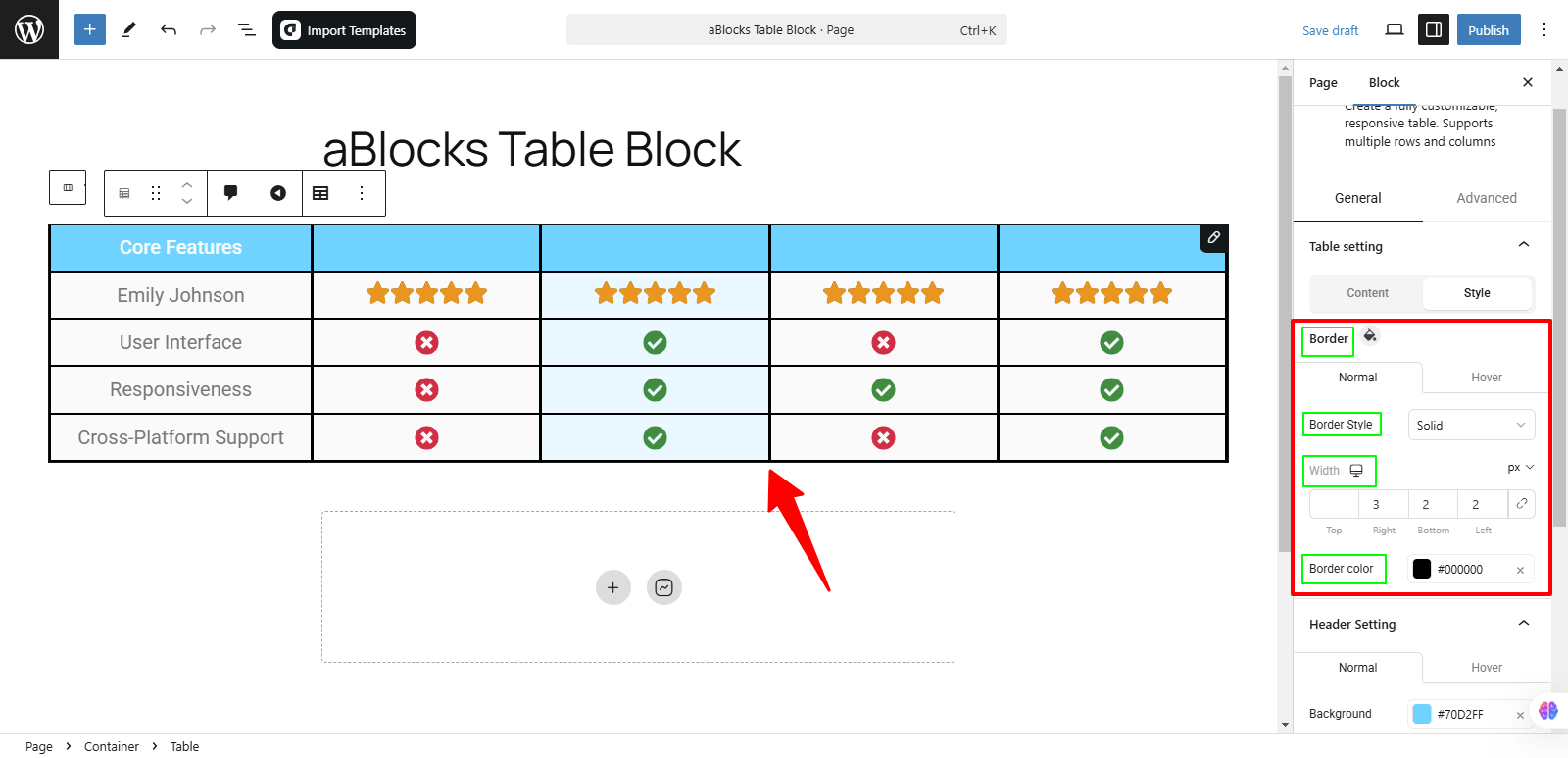 Customize the Style option of the Table Setting sections 