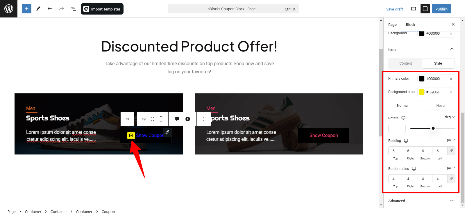 Customize the Style option of the Icon section