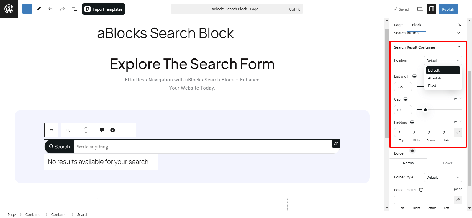 Customize the Search Result Container sections