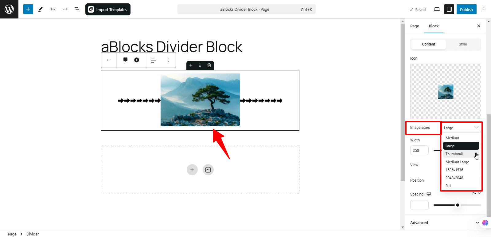 Customize the Image sizes option