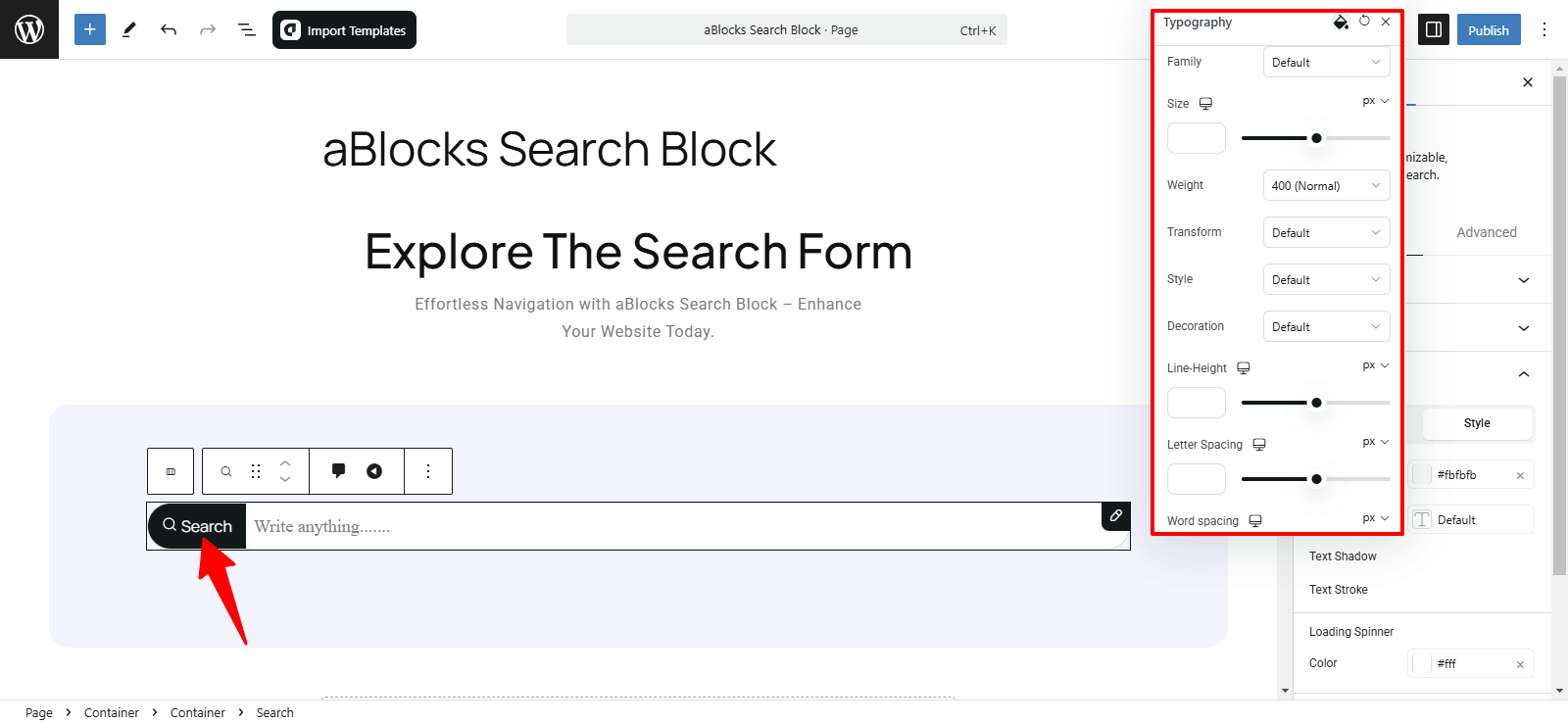 Customize the Typography option