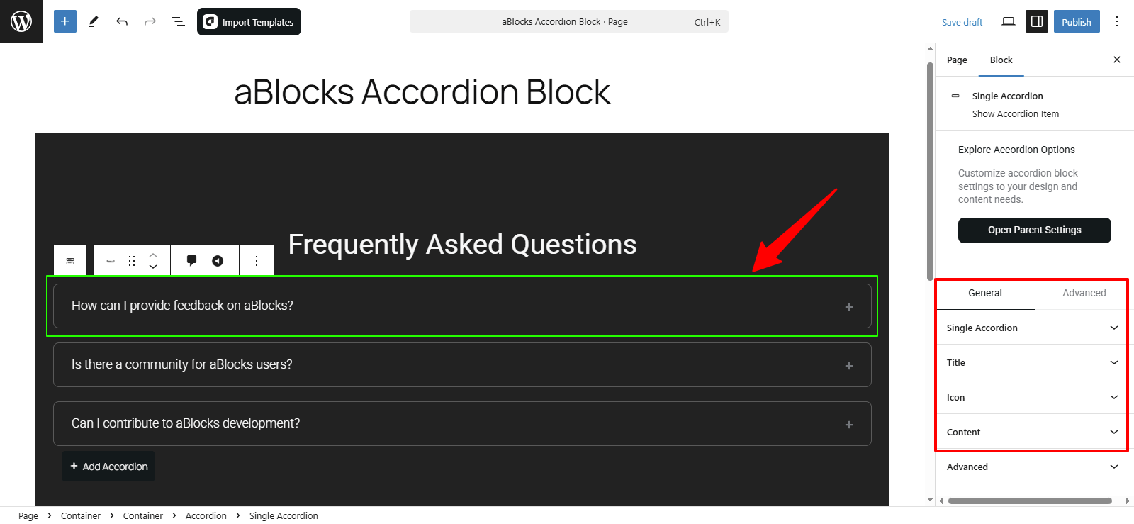 Customize the Single Accordion Block