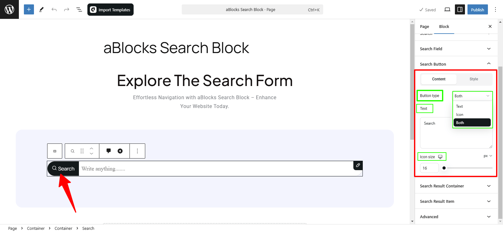 Customize the Search Button sections