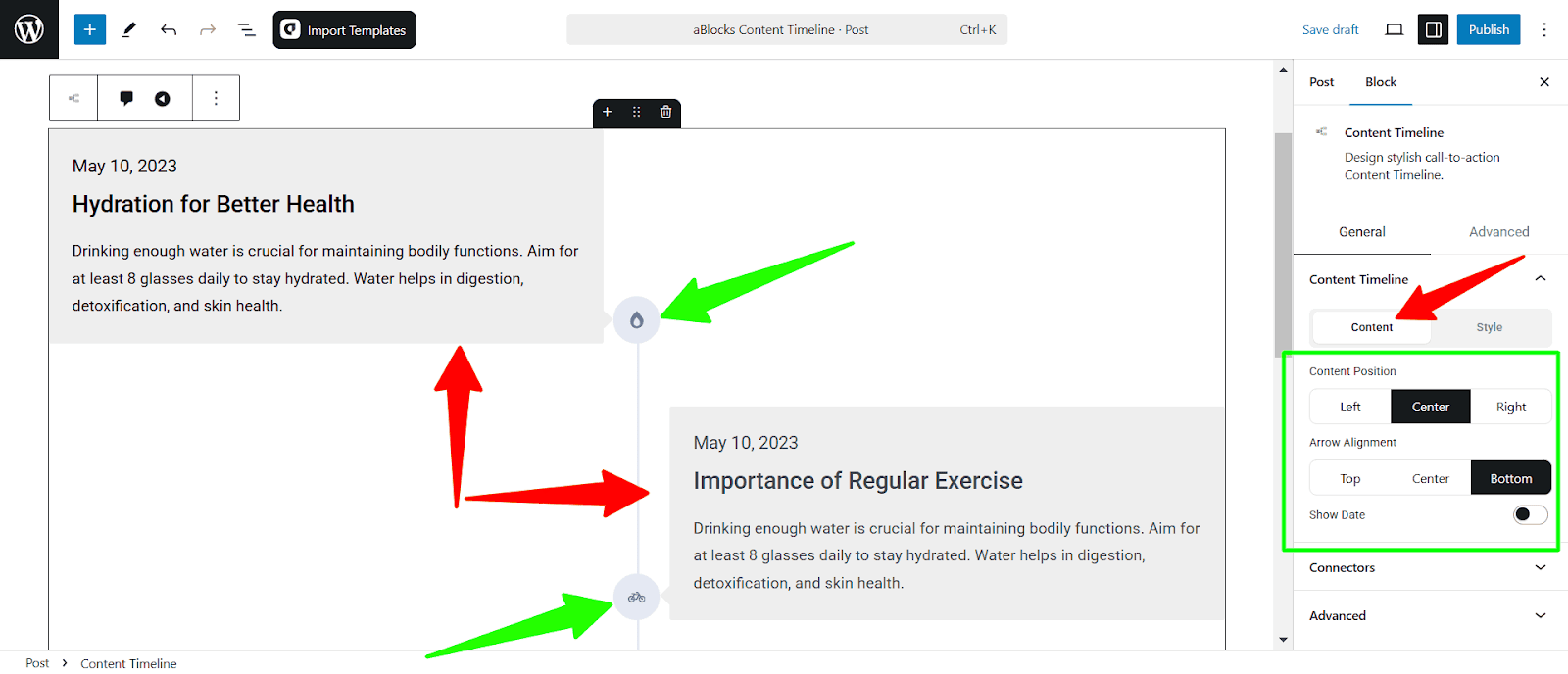 Customize the Content options of the Content Timeline section