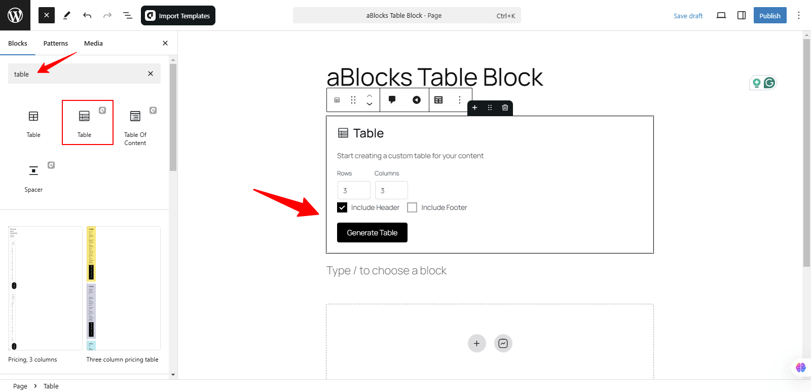 Adding the aBlocks Table Block
