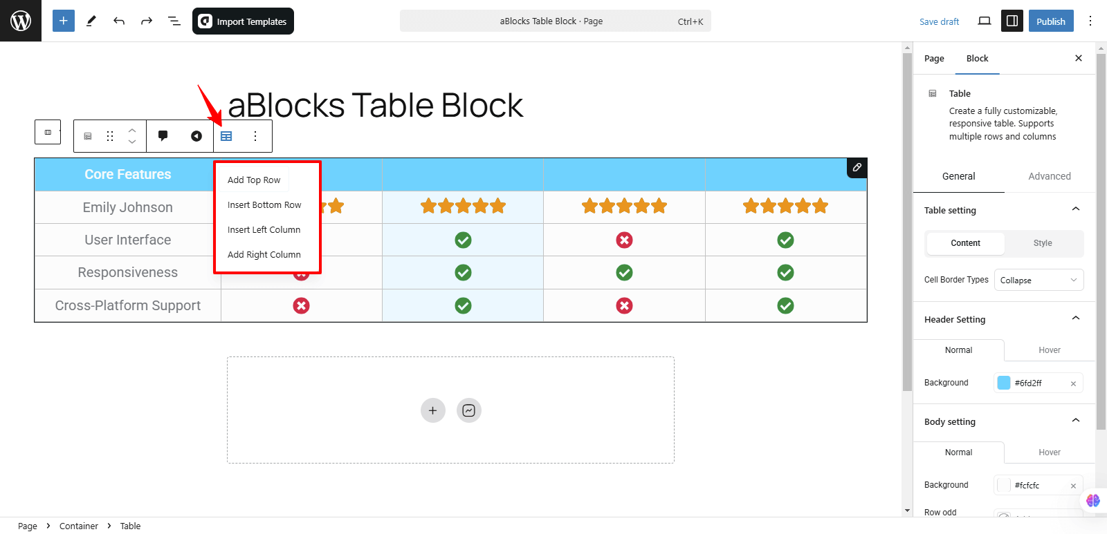 Customizing aBlocks Table Block