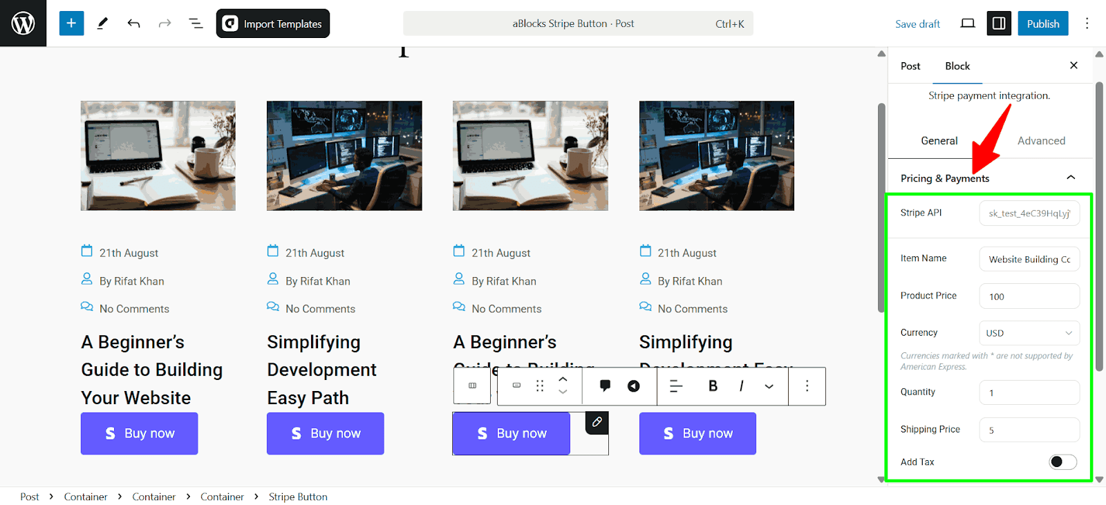 Customize Stripe Button Block 
