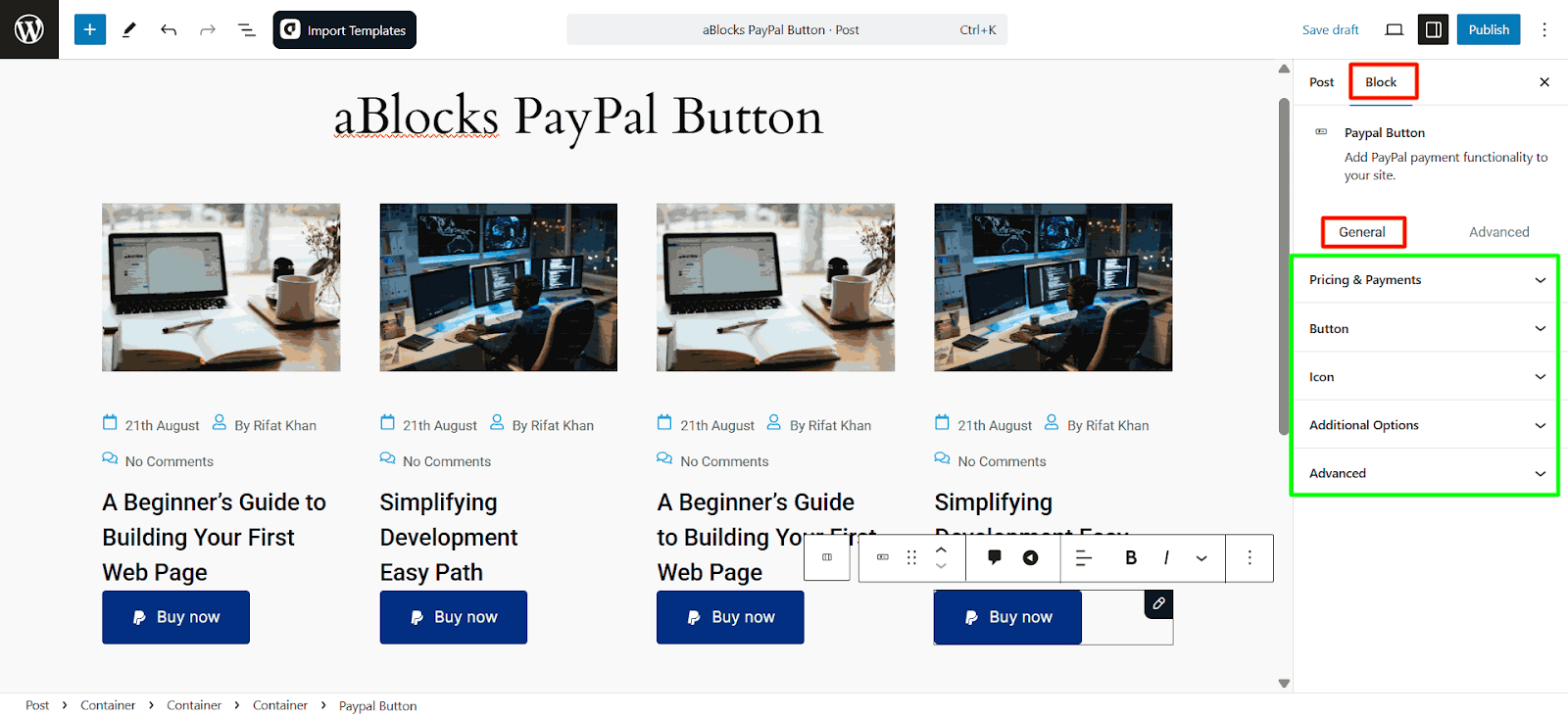 Customize PayPal button from Block > General panel.