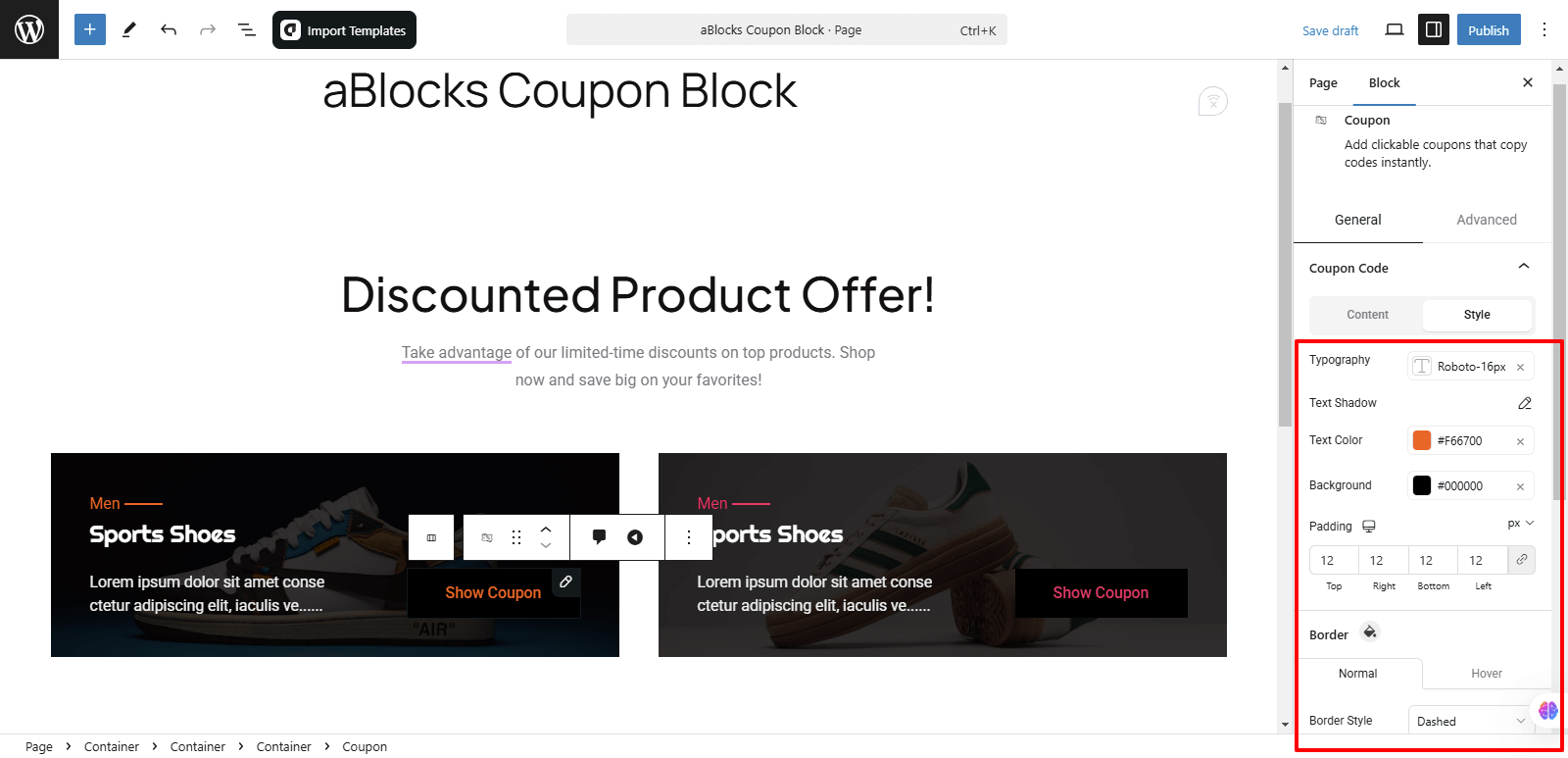 Customize the Style option of the Coupon Code section