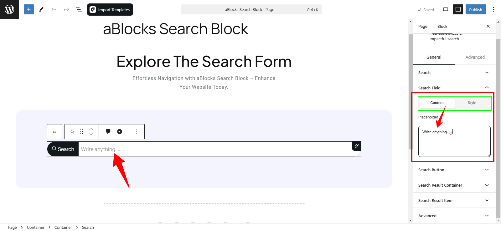 Customize the Search Field sections