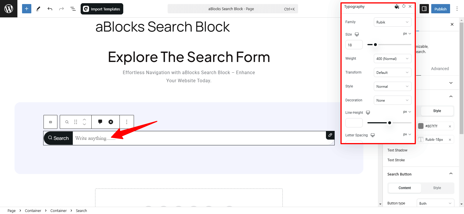 Customize the Typography option