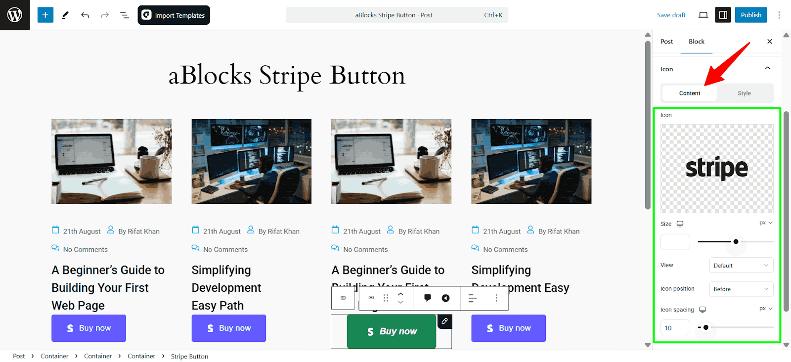 Customize the Content options of the icon section.