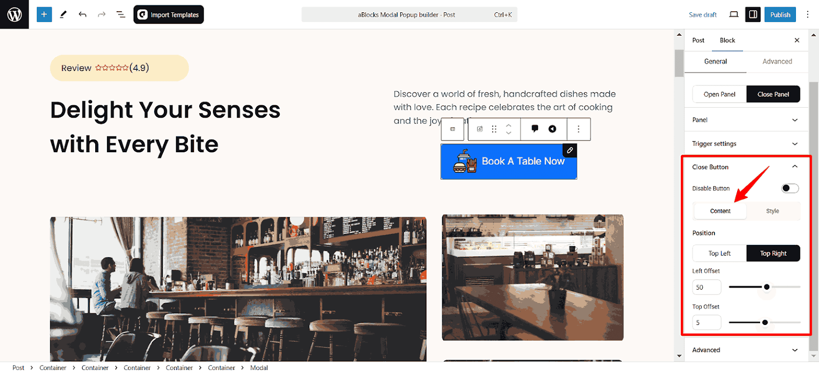 Customize the Close Button Content option