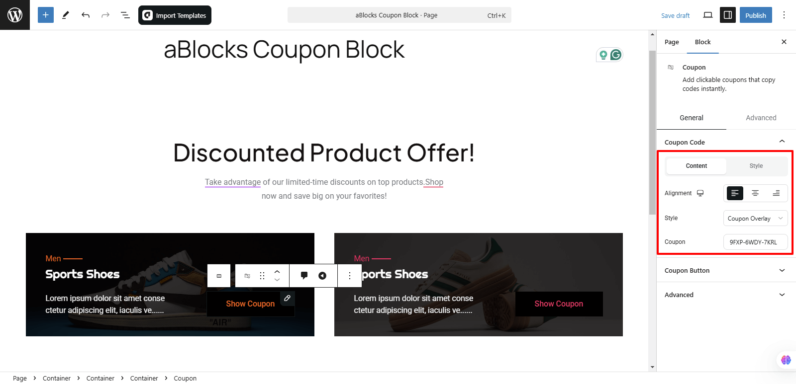 Customize the Content option of the Coupon Code section