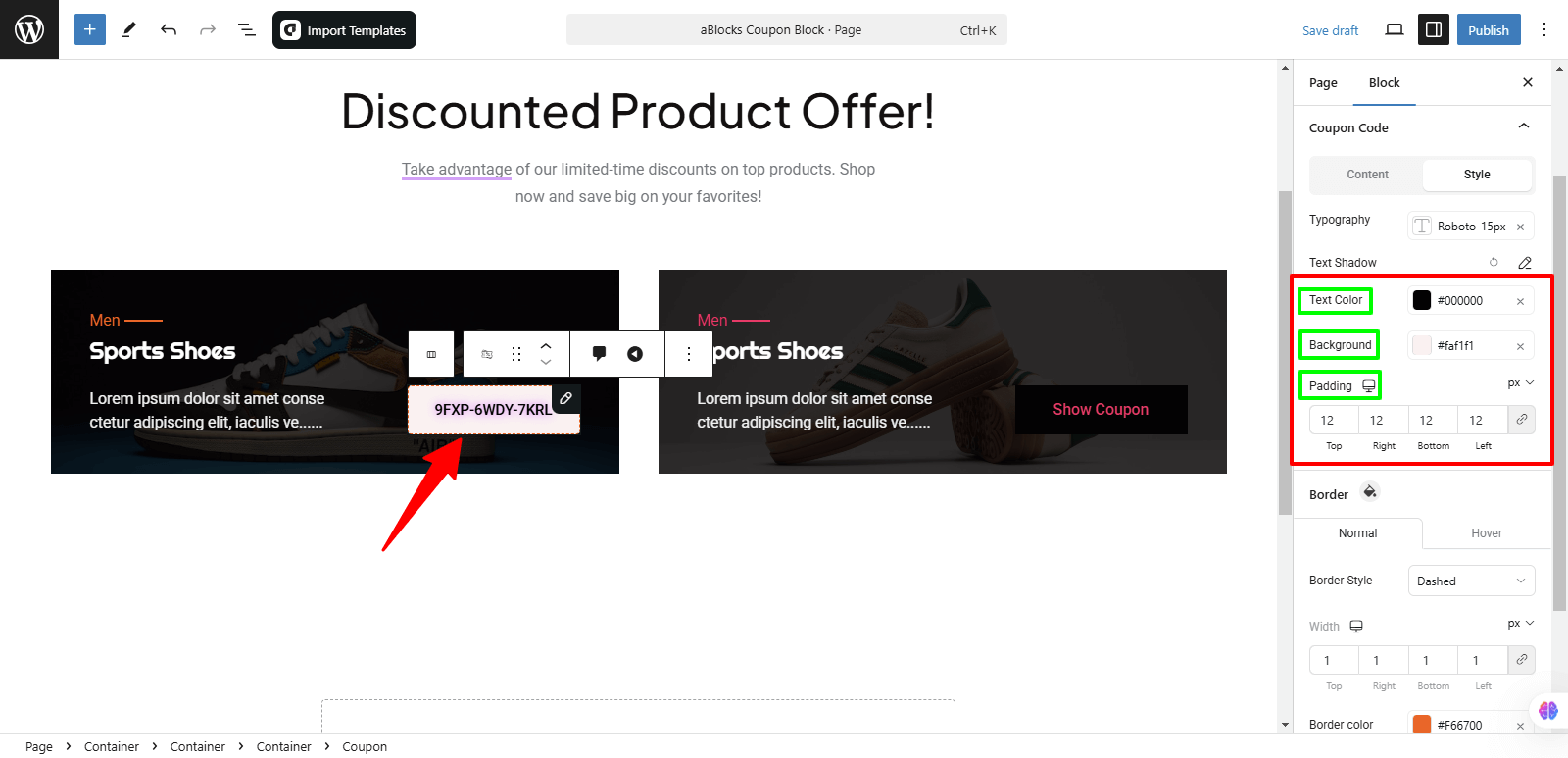Customize the text Color, Background and Padding options