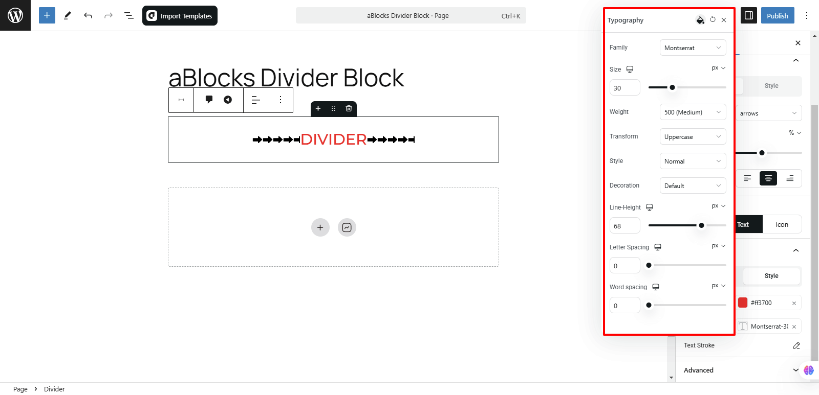 Customize the Typography options