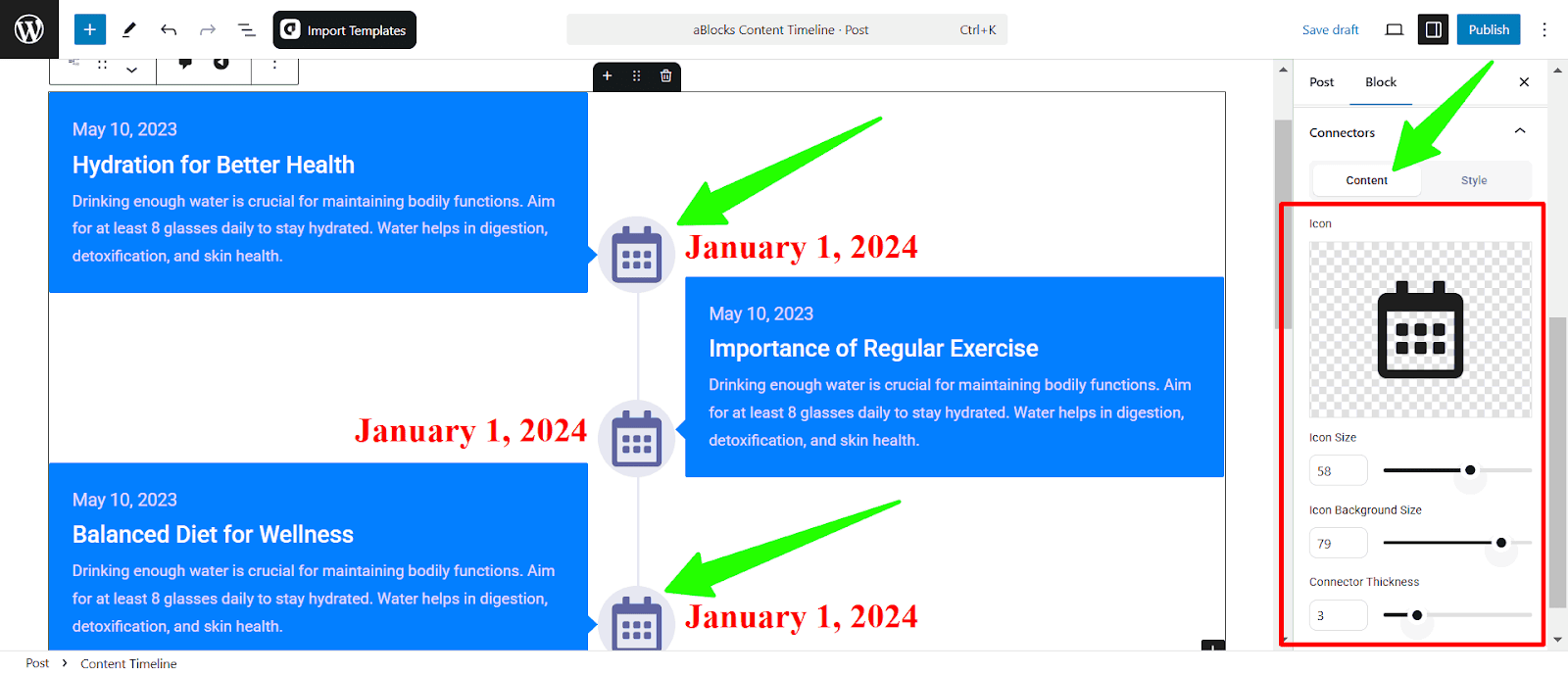 Customize the Content options of the Connectors section