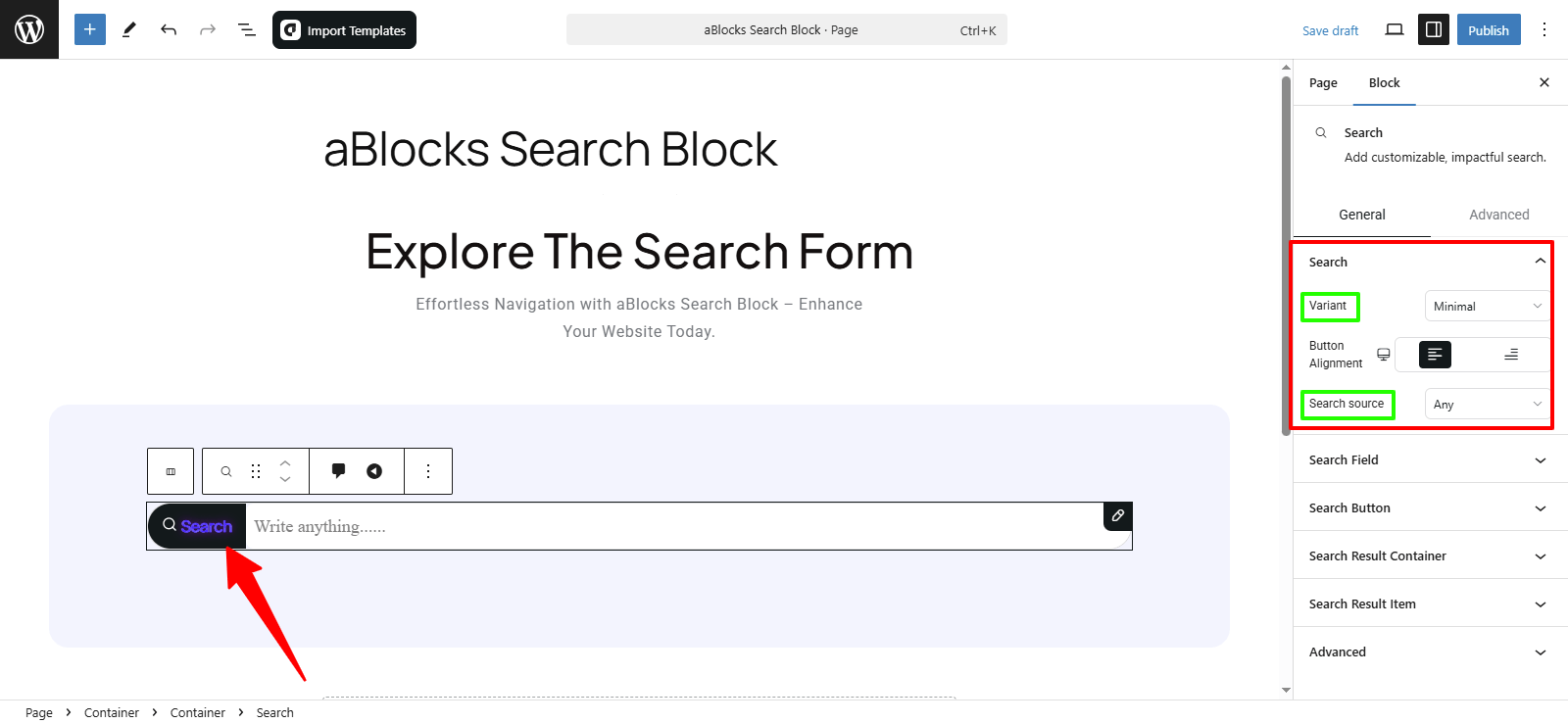 Customize the Search sections