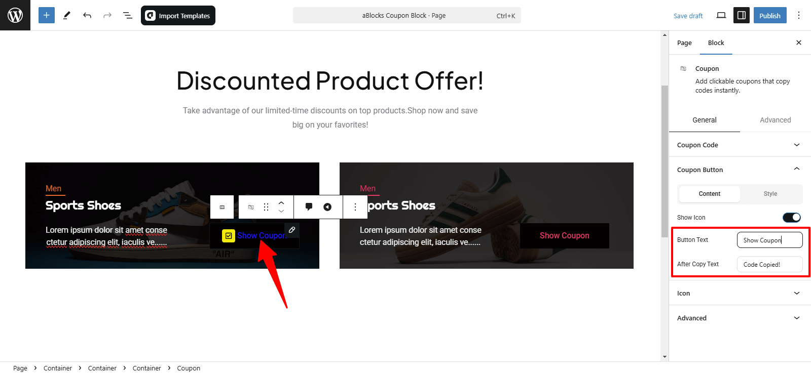 Customize the Button text and After Copy text option