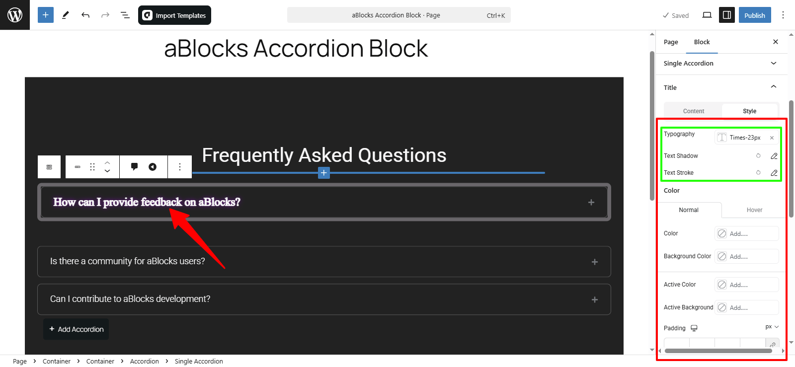 Customize the Typography, Text Shadow and Text Store options