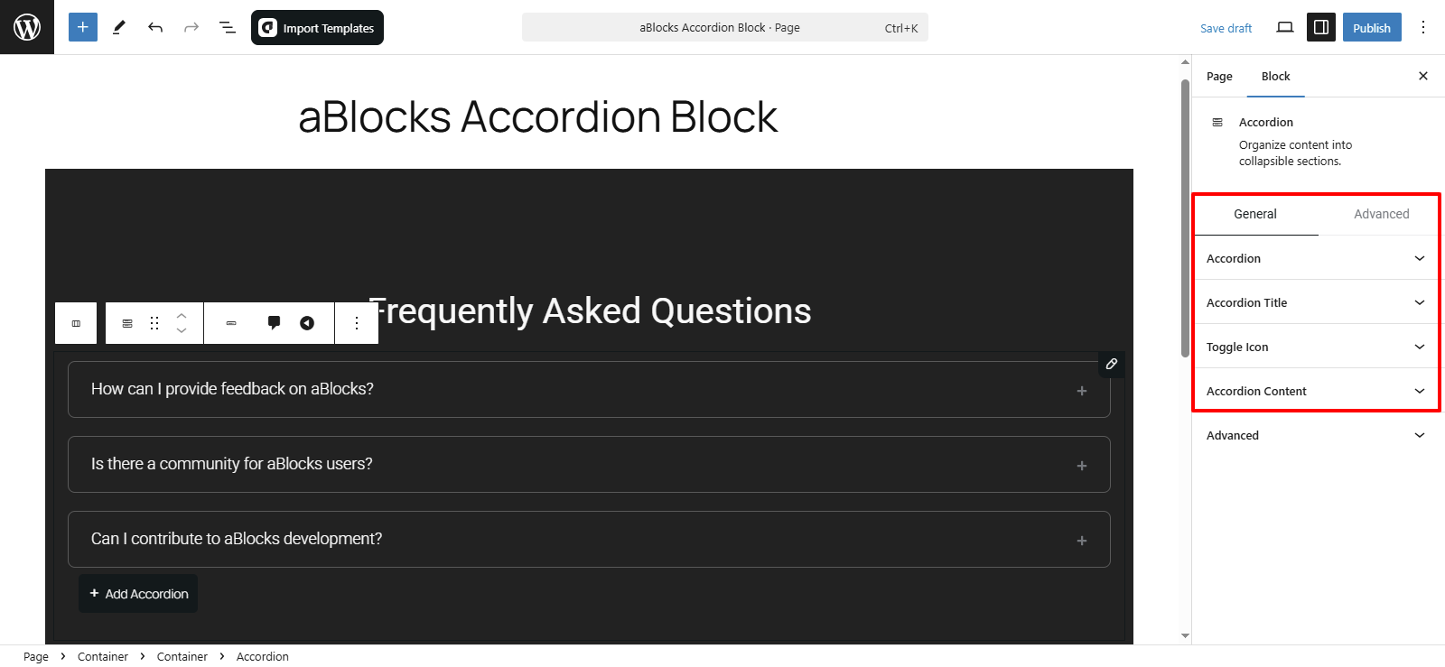 Customize the aBlocks Accordion Block