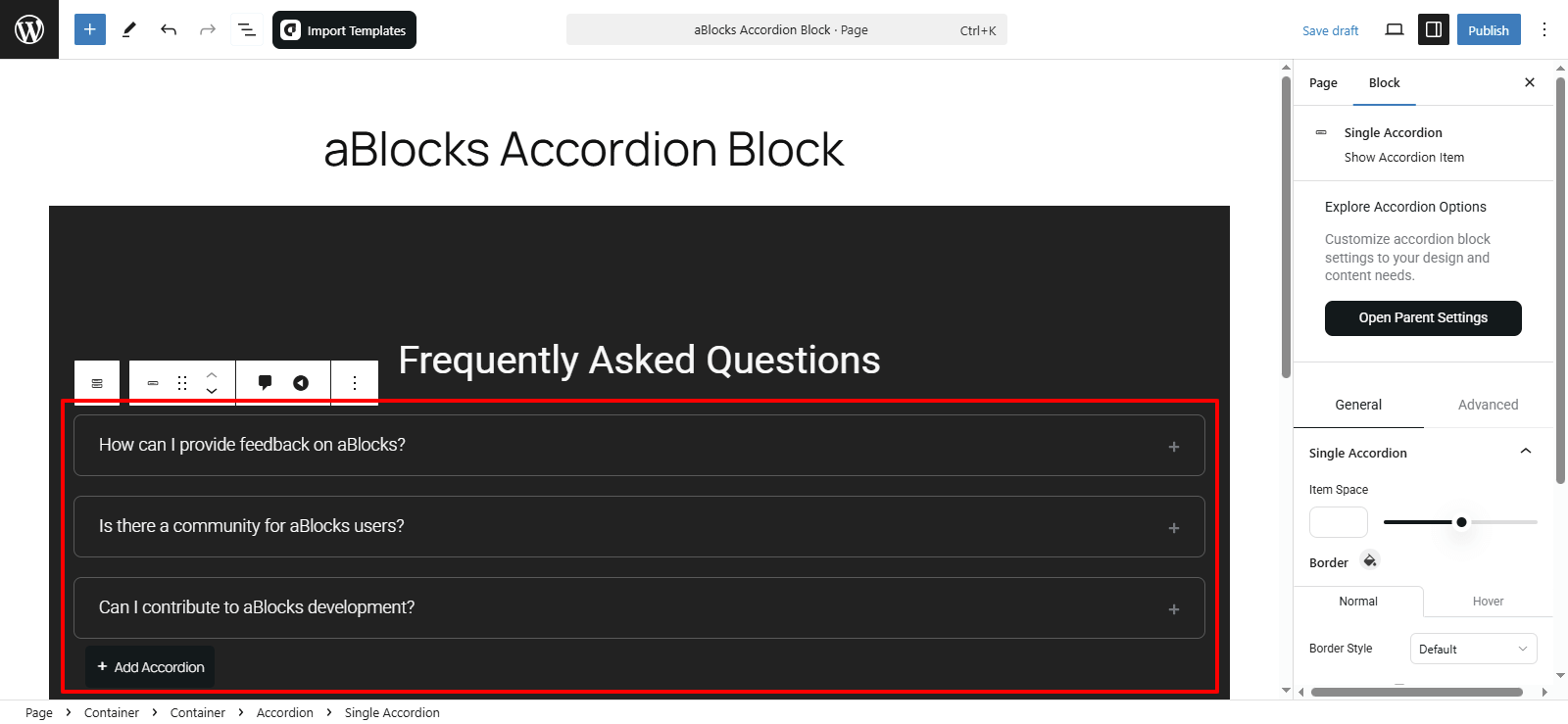 Add aBlocks Accordion Block 