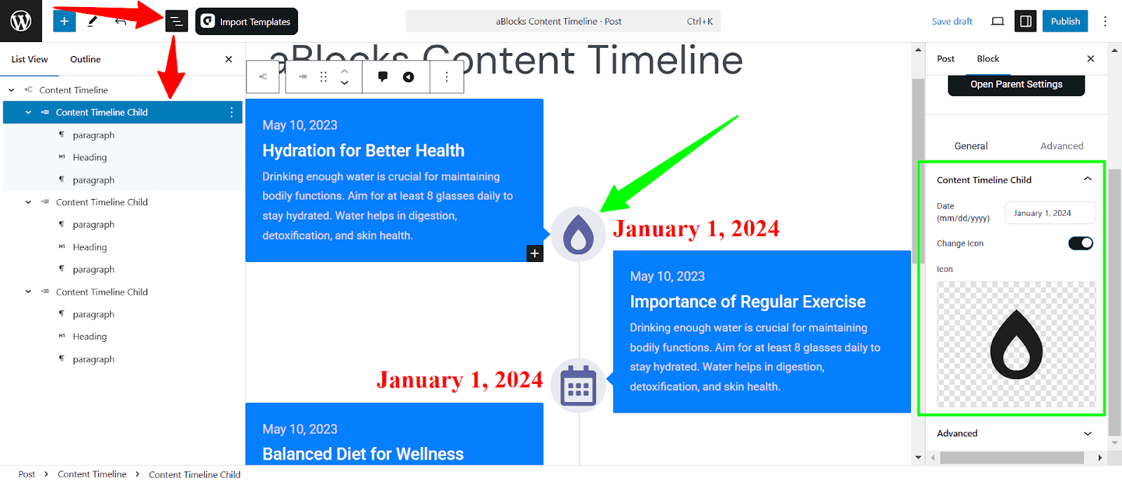Customize the Content Timeline Child sections
