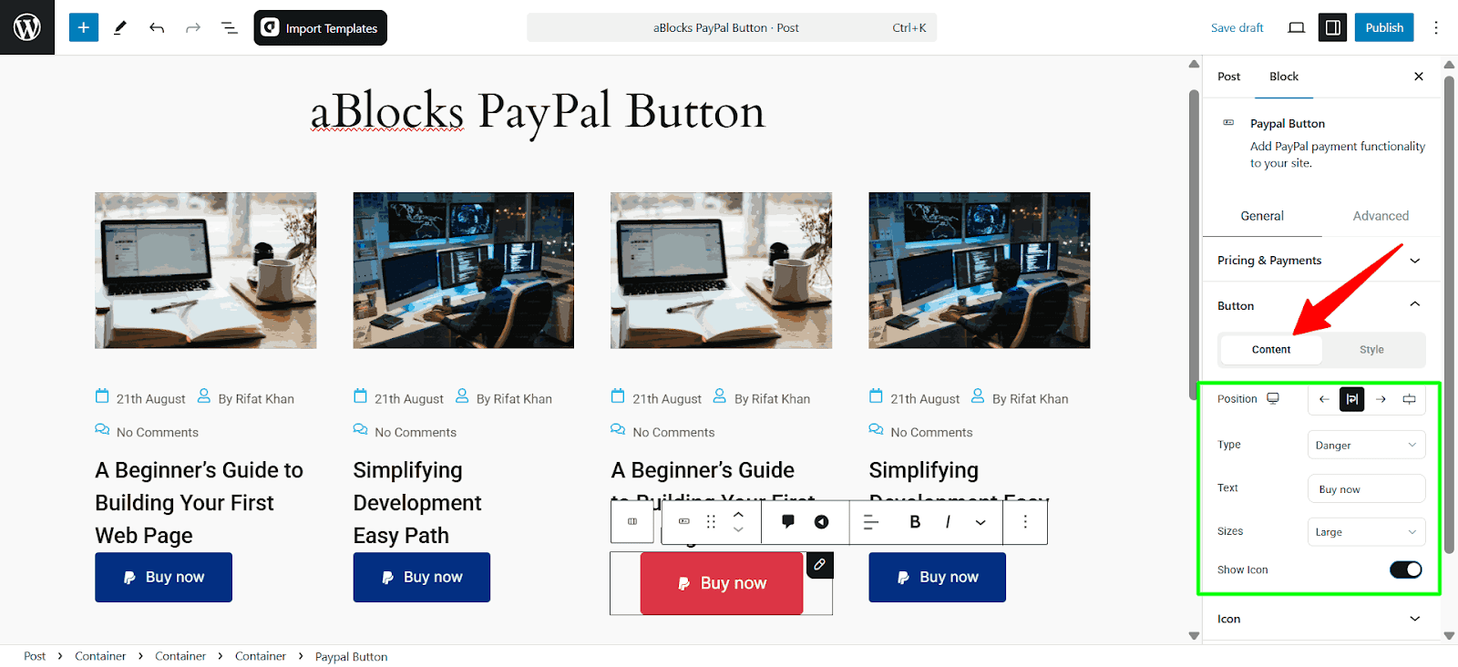 Customized the Content options of the Button section.