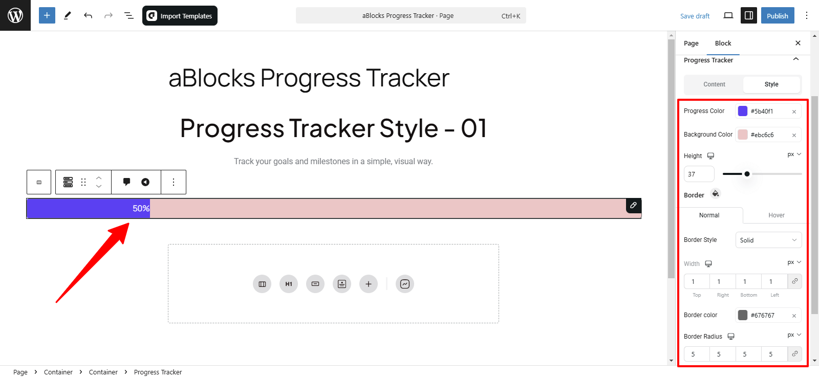 Customize the Style options of the Progress tracker section.