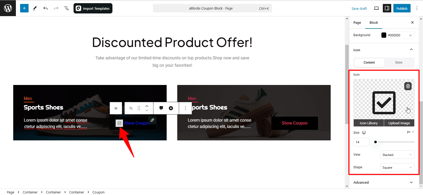 Customize the Icon size, view and Shape options