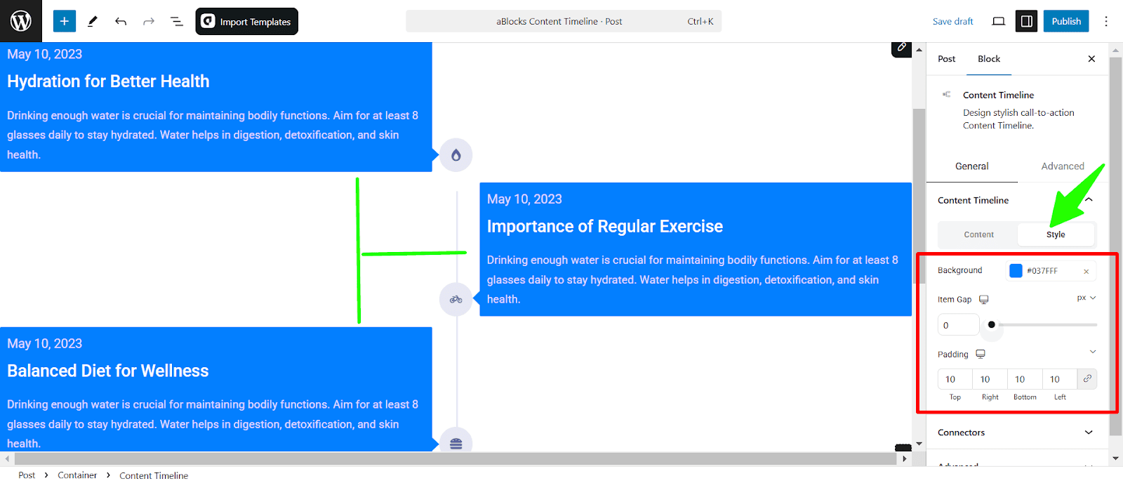Customize the Style options of the Content Timeline section