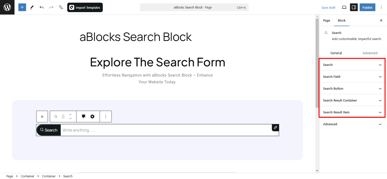 Customize the aBlocks Search Block