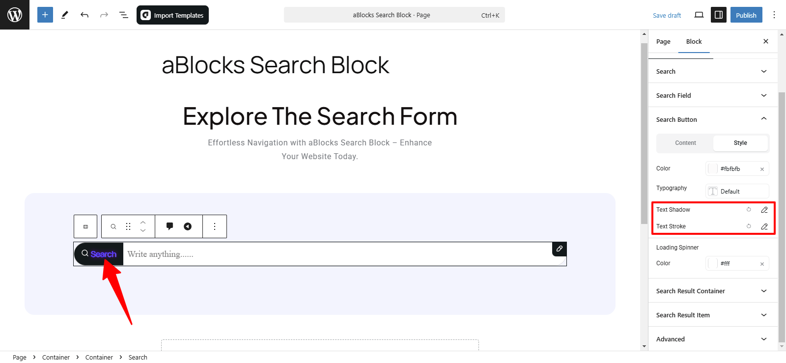 Customize the Text Shadow and text Stroke options