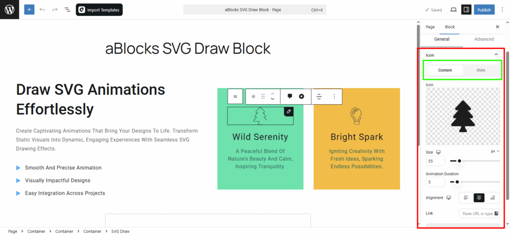 Customize the Content options in the Icon section.