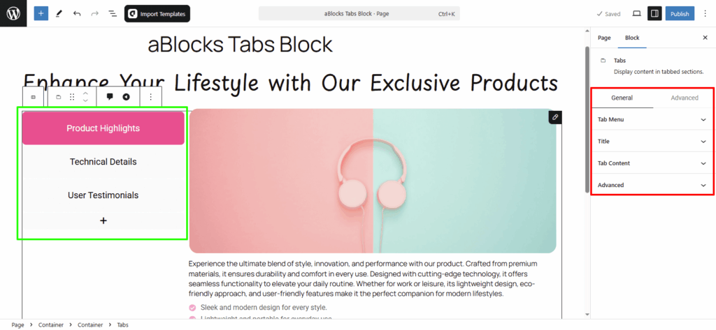 Customize aBlocks Tabs Block