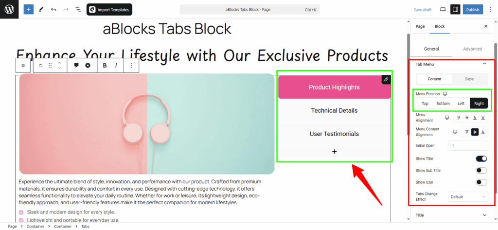 Customize the Content options in the Tab Menu section.