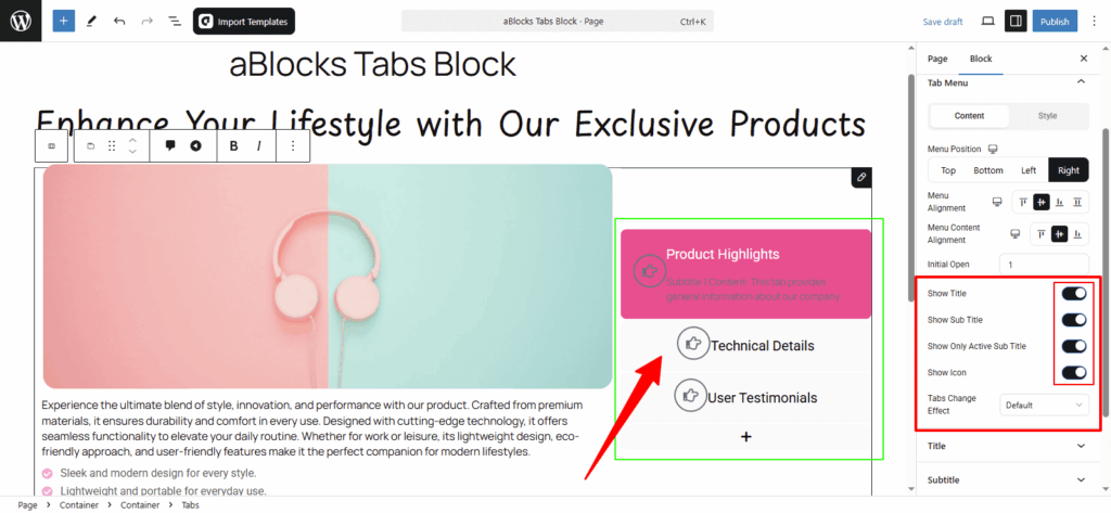 Customize the Show title, Show Sub Title, Show only Active Sub Title and Show Icon options