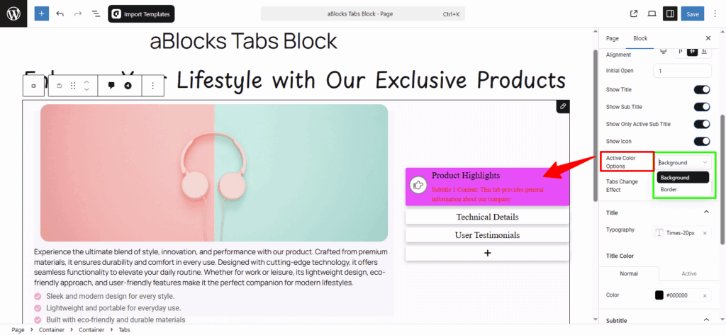 Customize the Active Color Options