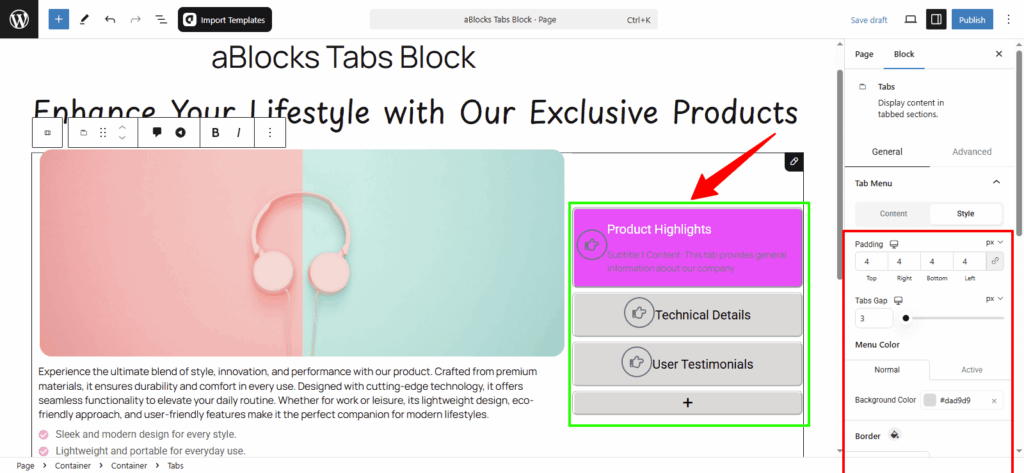 Customize the Style options in the Tab Menu section.