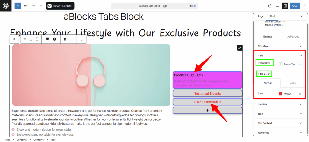 Customize the Title sections