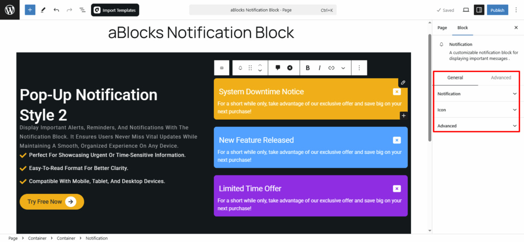 Customize aBlocks Notification Block