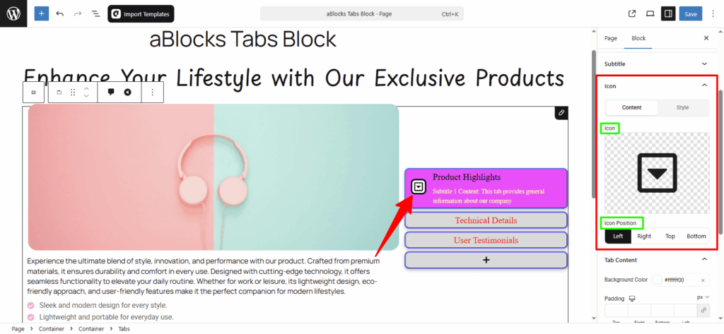 Customize the Icon sections
