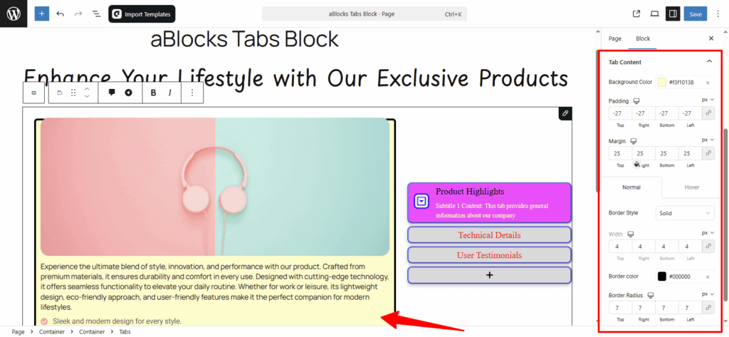 Customize the Tab Content sections