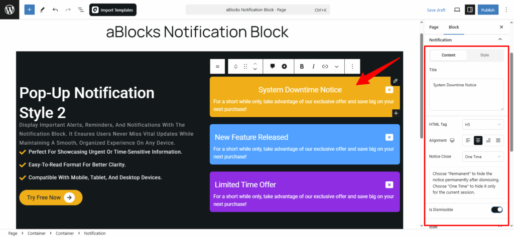 Customize the Content options in the Notification section