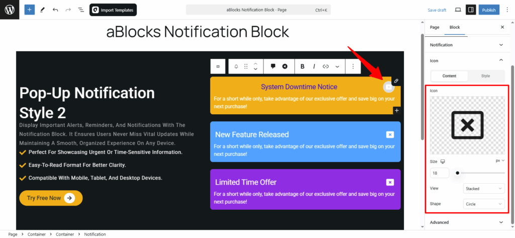 Customize the Content options in the Icon section
