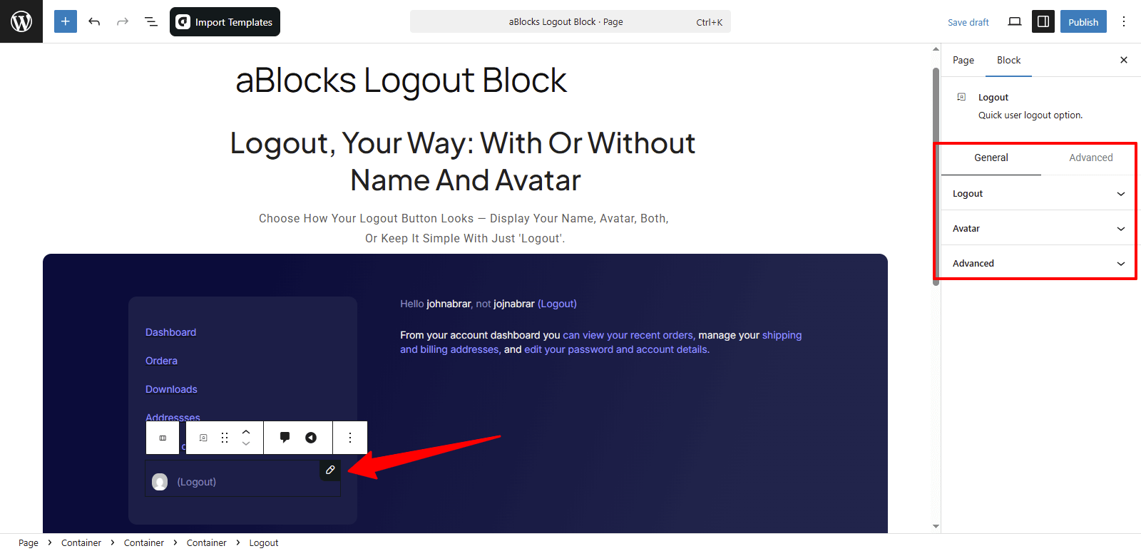 Customize the aBlocks Logout Block